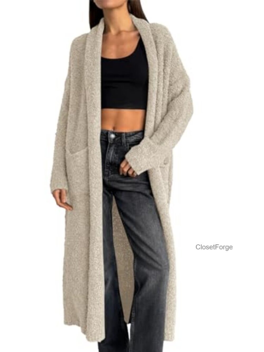 Chunky Fuzzy Open Front Long Cardigan Sweater Coat with Pockets